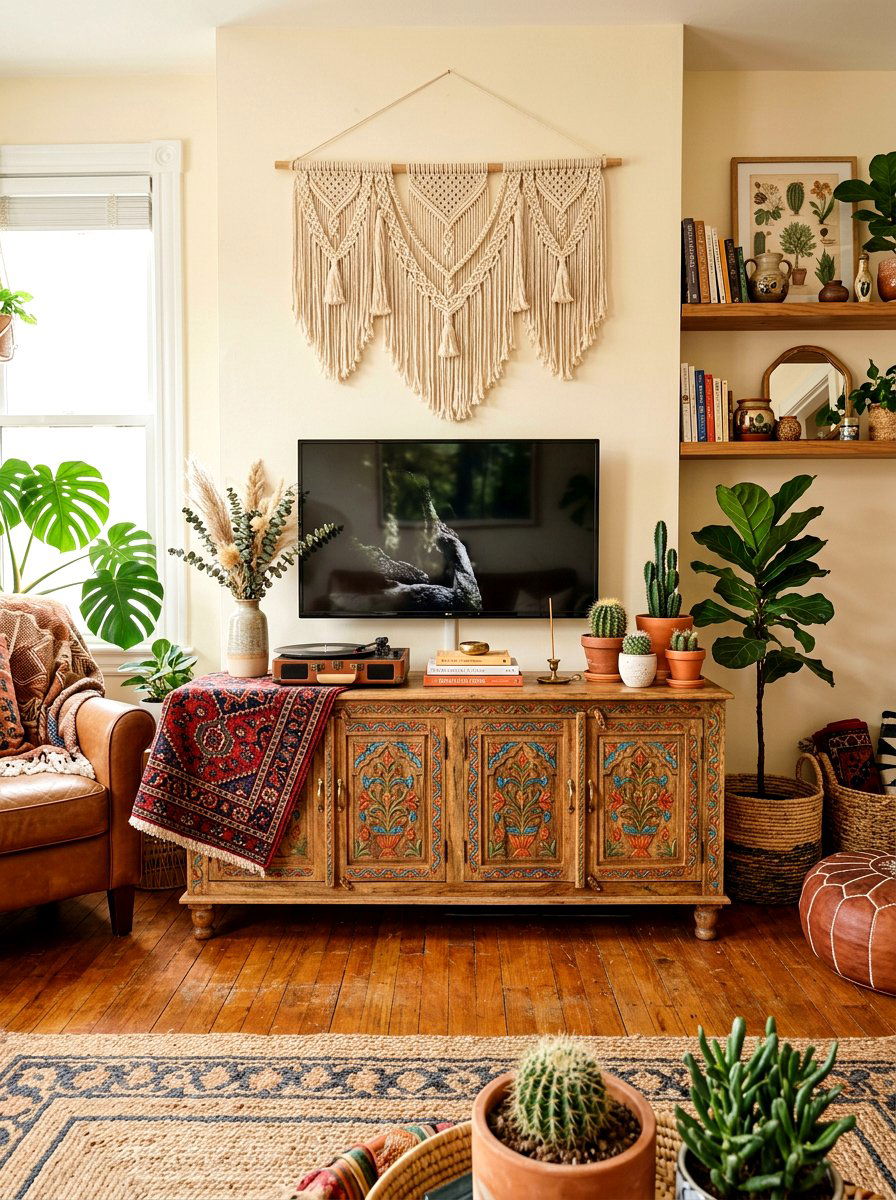 Boho Style Media Console - 30 media console styling ideas
