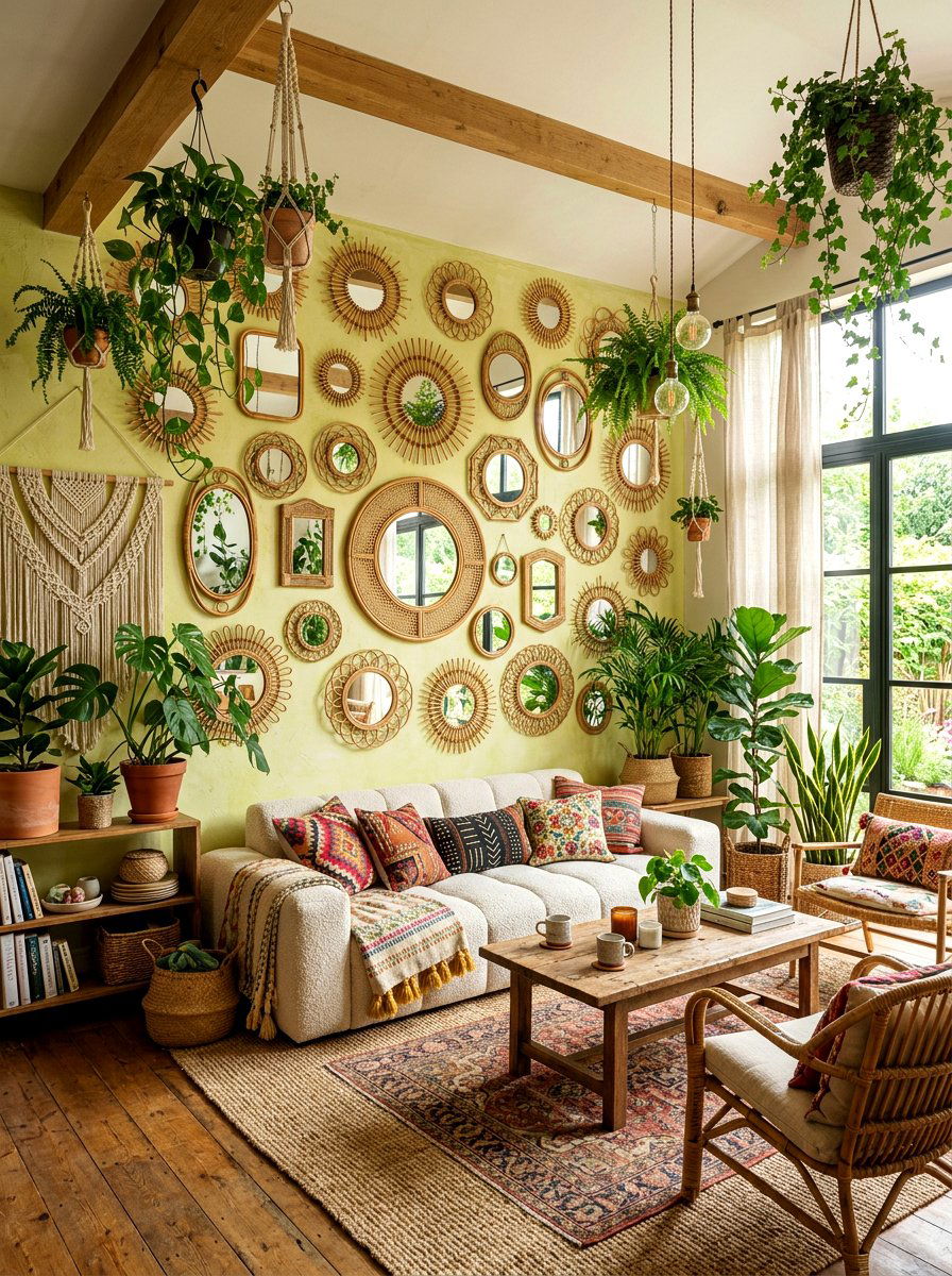 Boho Style Mirror Wall - 30 floor to ceiling mirror wall ideas