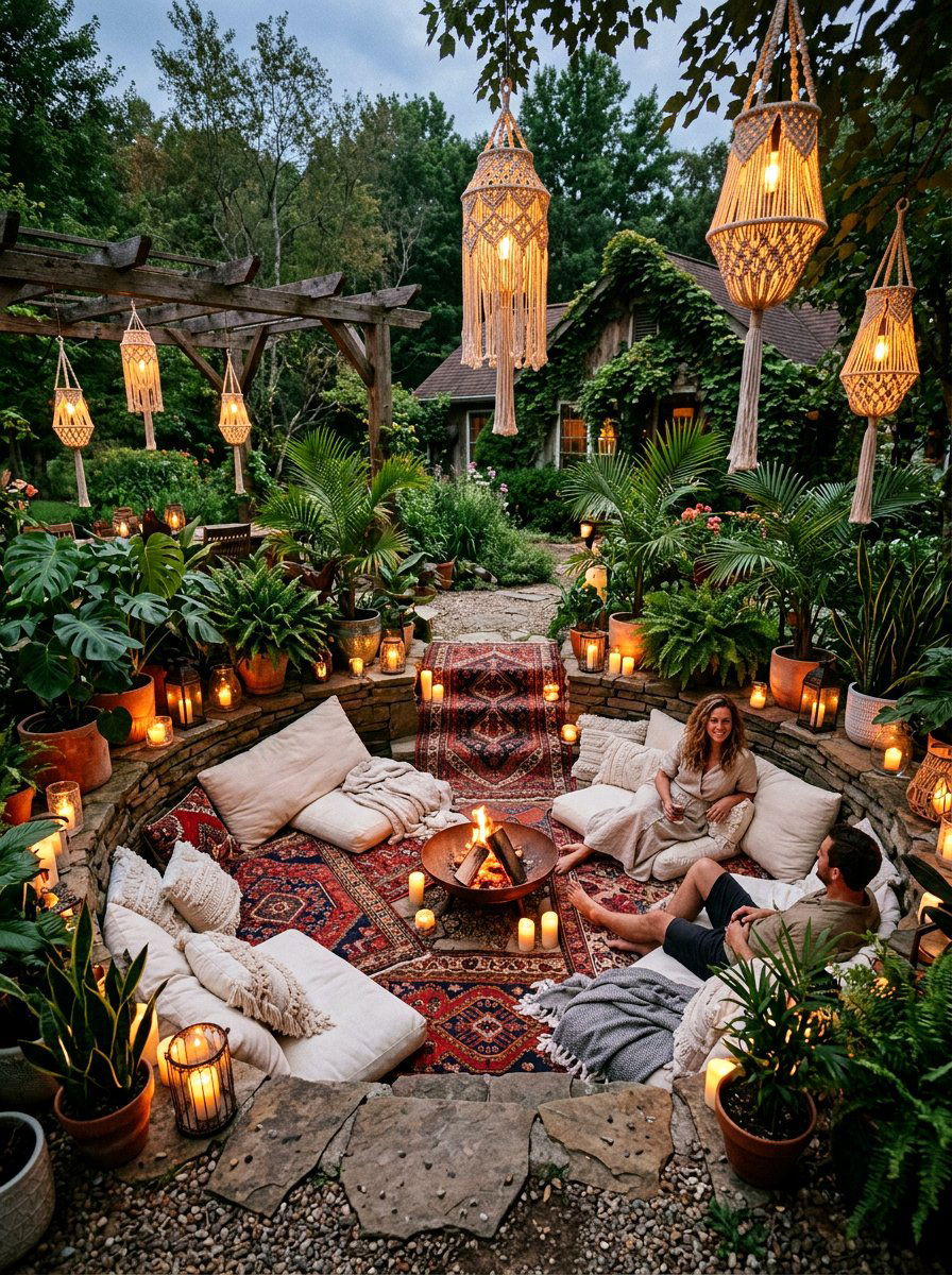 Boho Style Outdoor Pit - 30 conversation pit patio ideas