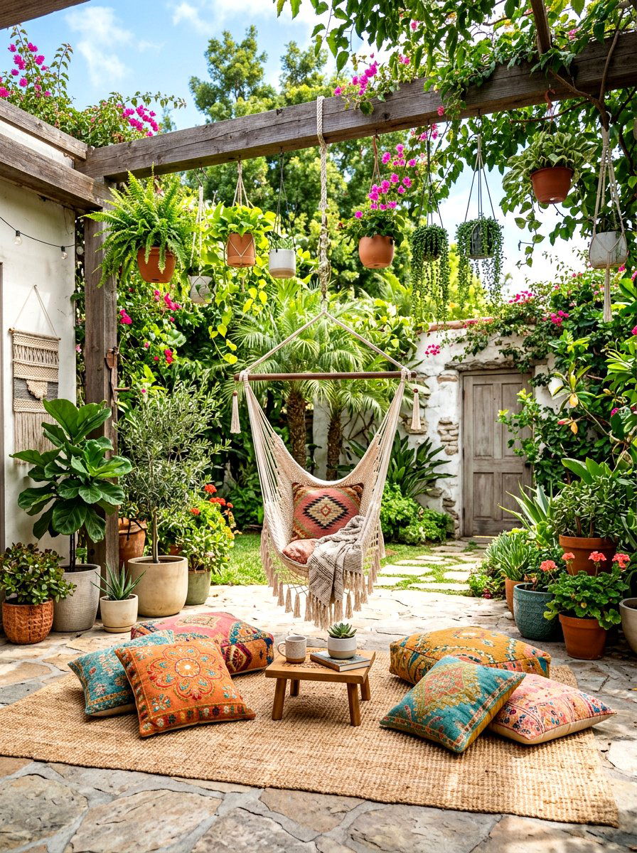 Boho Style Outdoor Space - 30 small yard landscaping ideas