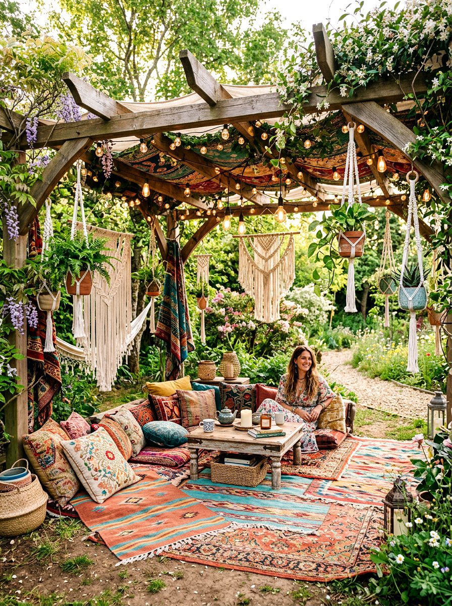 Boho Style Pergola - 30 pergola decorating ideas