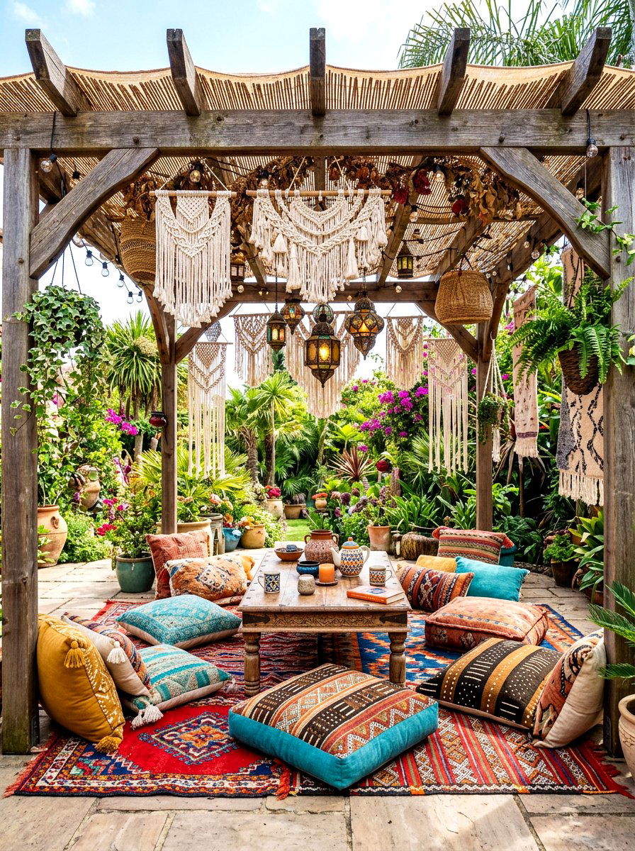 Boho Style Pergola - 30 pergola dining backyard ideas