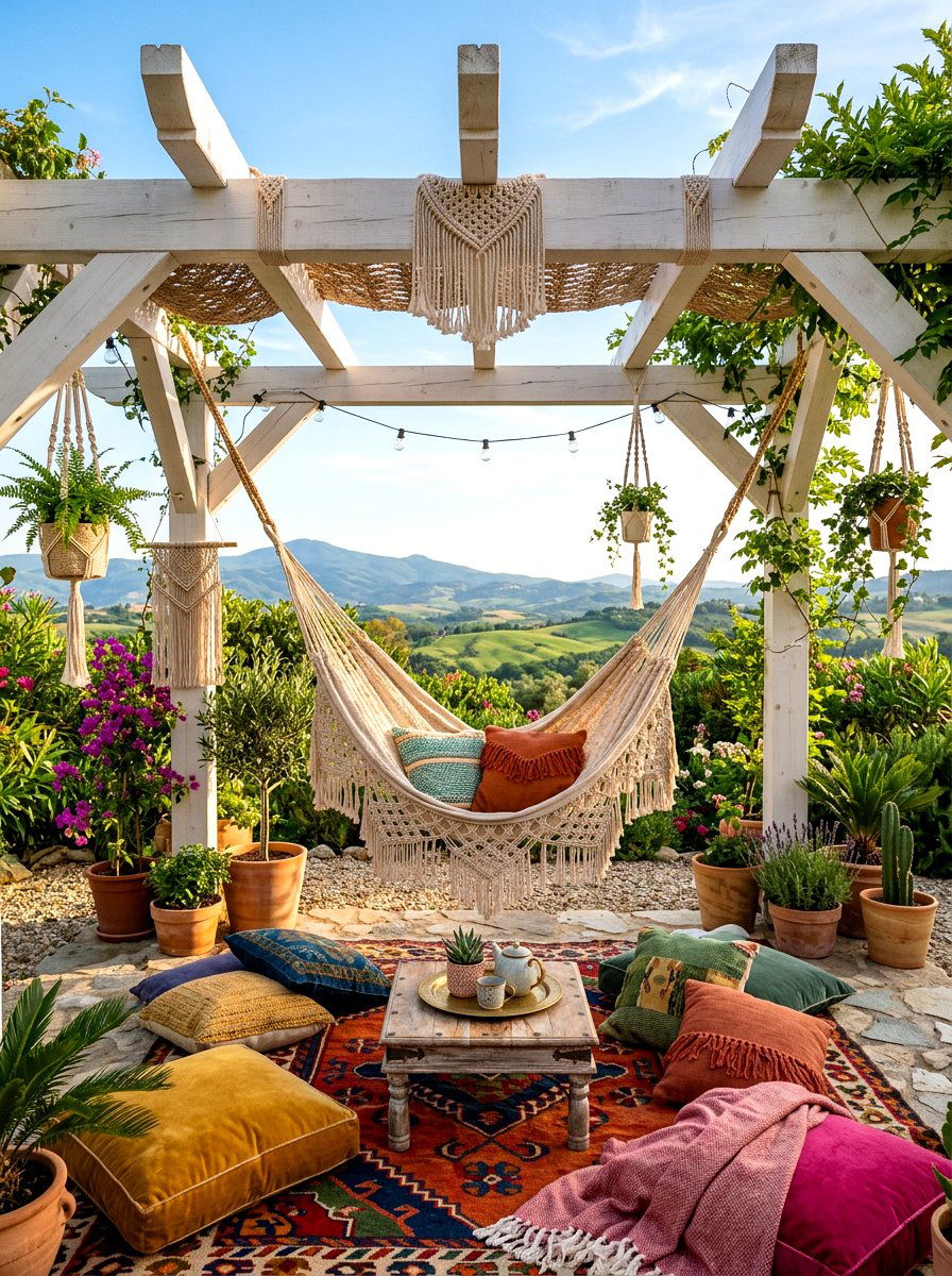 Boho Style Pergola With Hammock - 30 poolside pergola lounge ideas