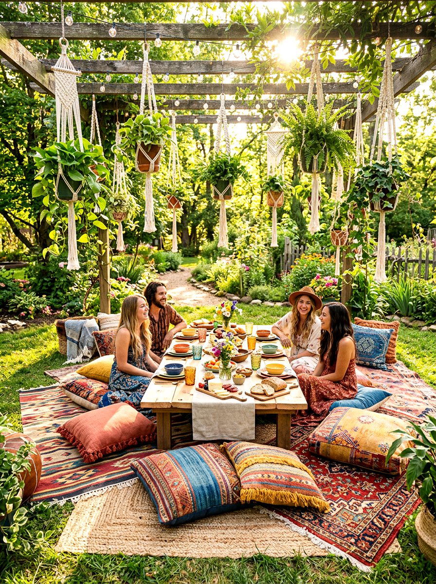 Boho Style Picnic Table - 30 picnic table patio ideas