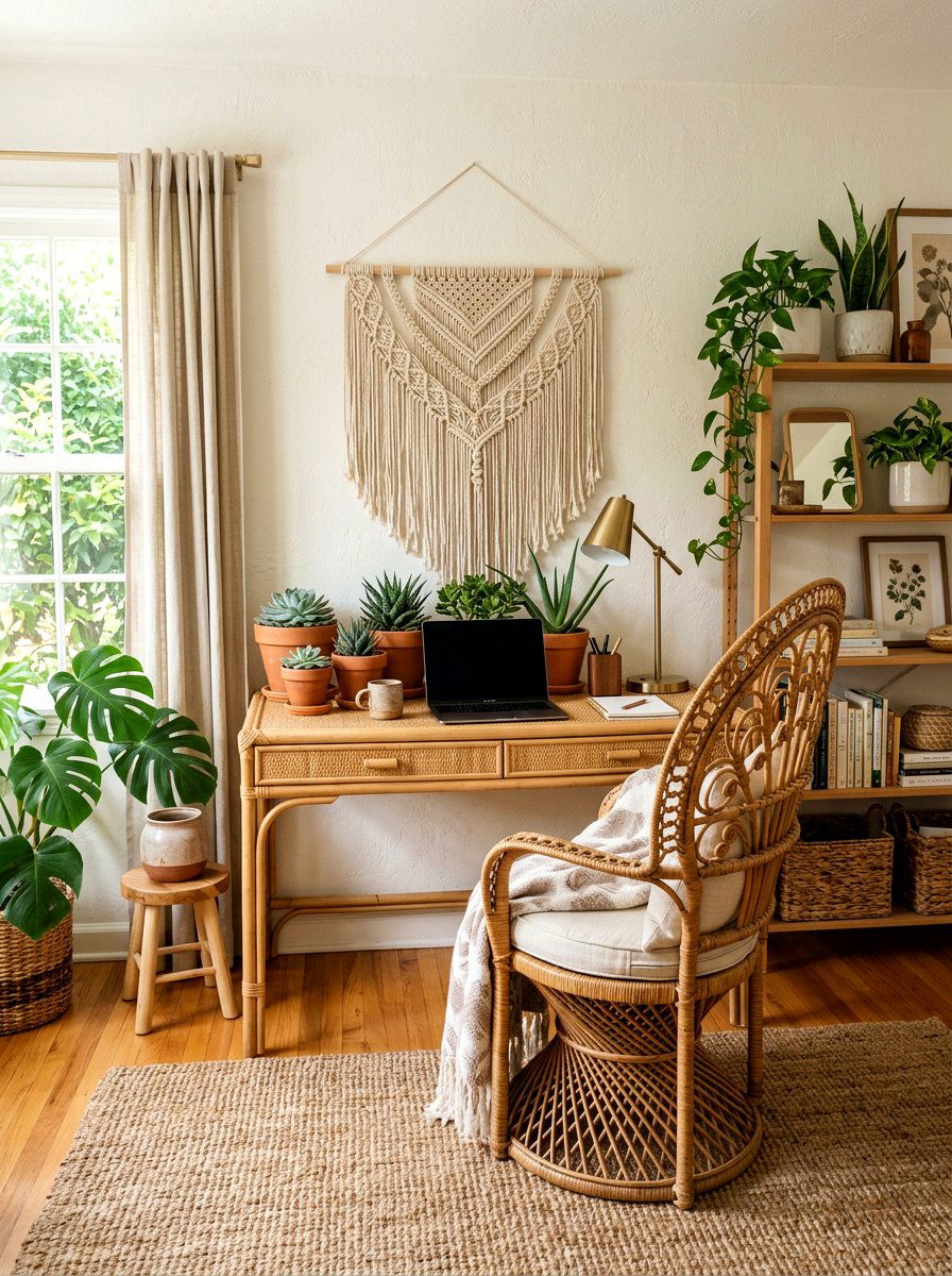 Boho Style Rattan Office - 30 apartment office ideas
