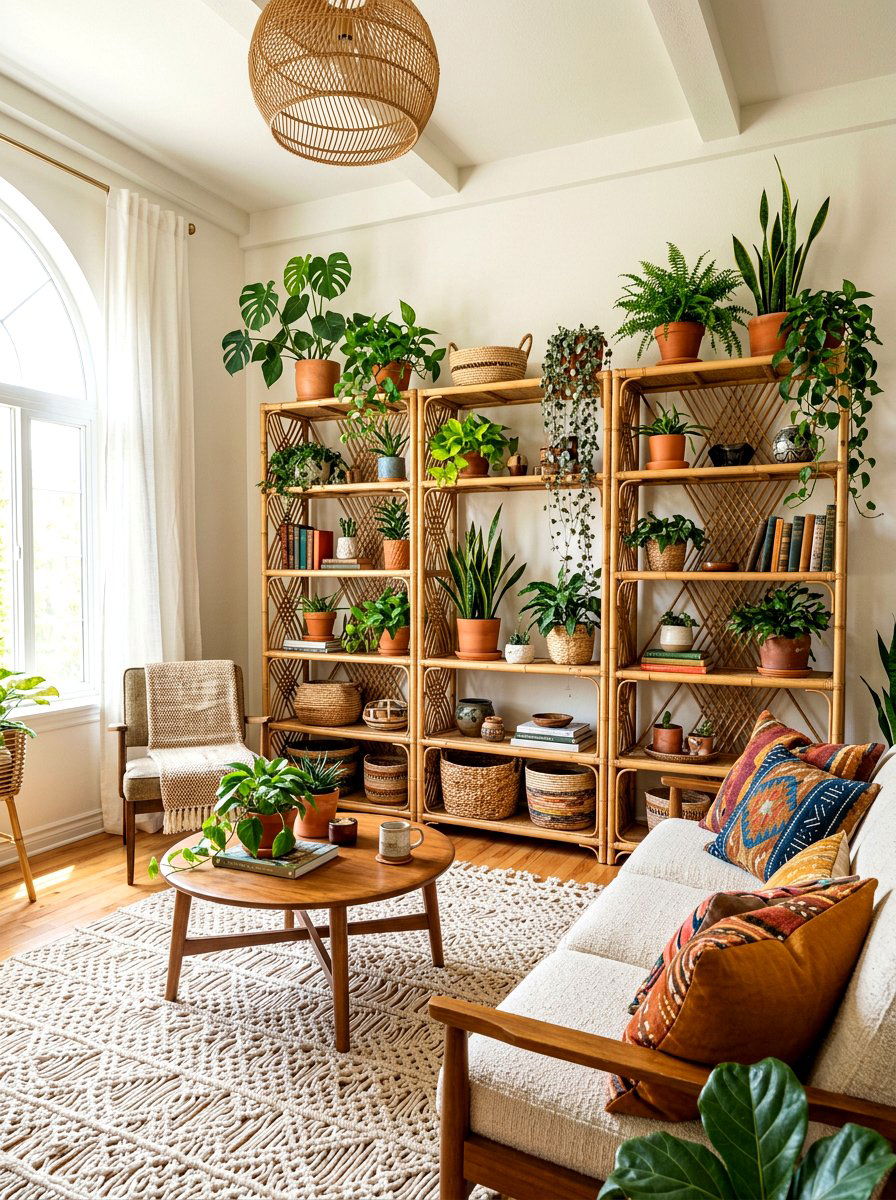 Boho Style Rattan Shelving Wall - 30 book wall living room ideas