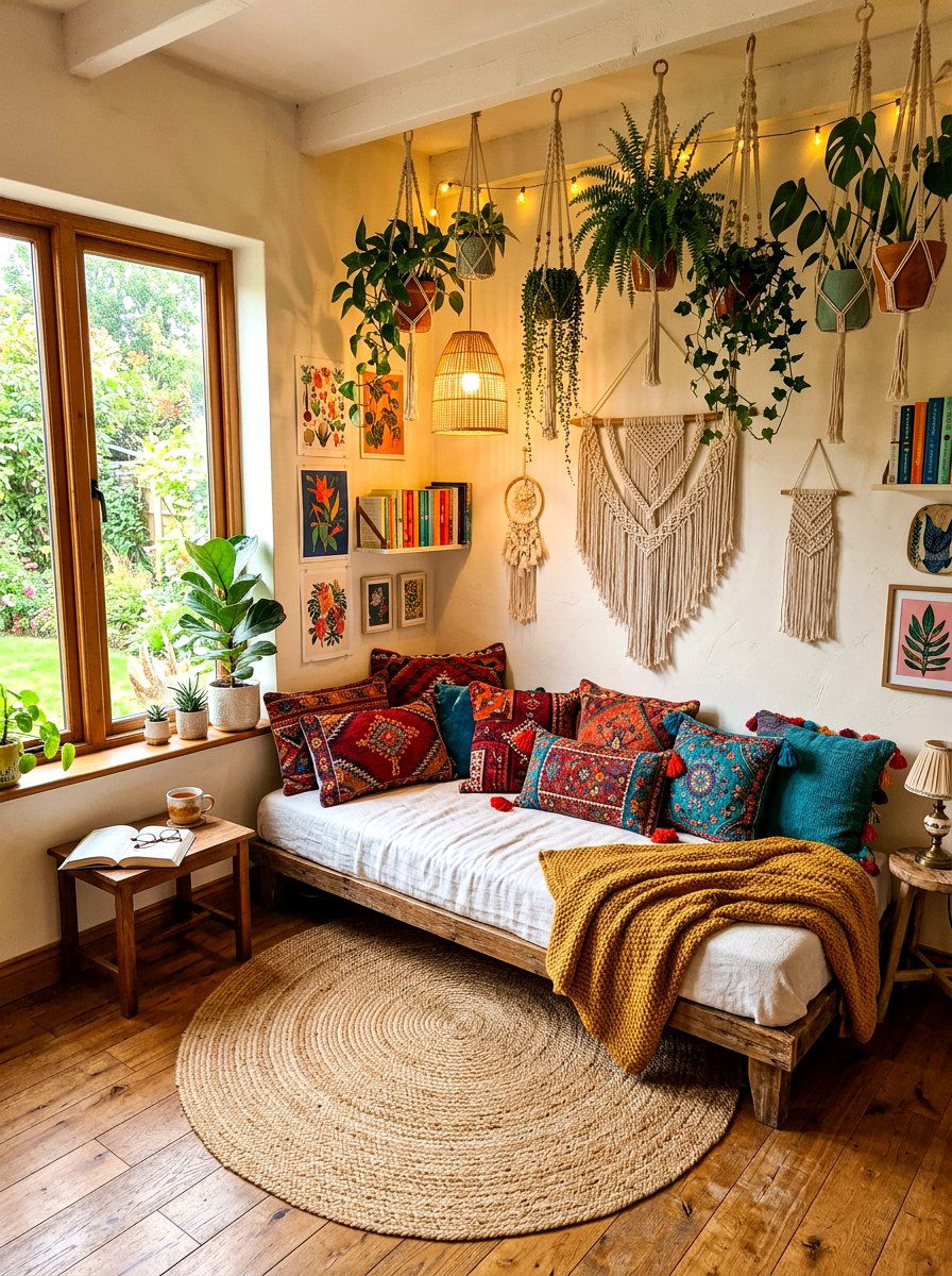 Boho Style Reading Corner - 30 reading room aesthetic ideas