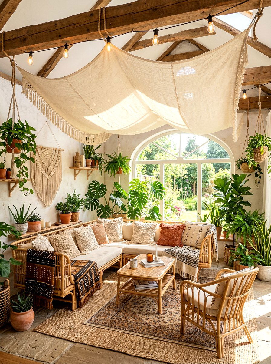 Boho Style Shade Sail - 30 sun sail patio ideas