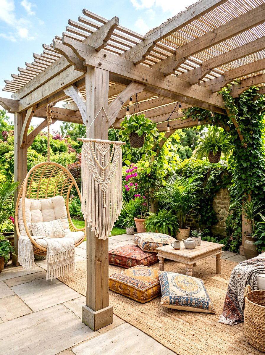Boho Style Wood Pergola - 30 backyard dining pergola ideas