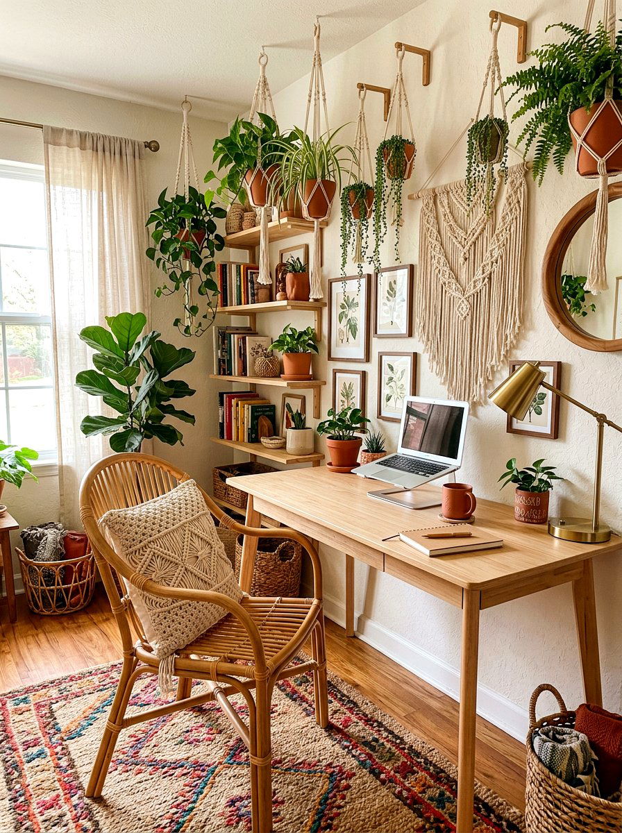 Boho Style Workspace - 30 office nook apartment ideas