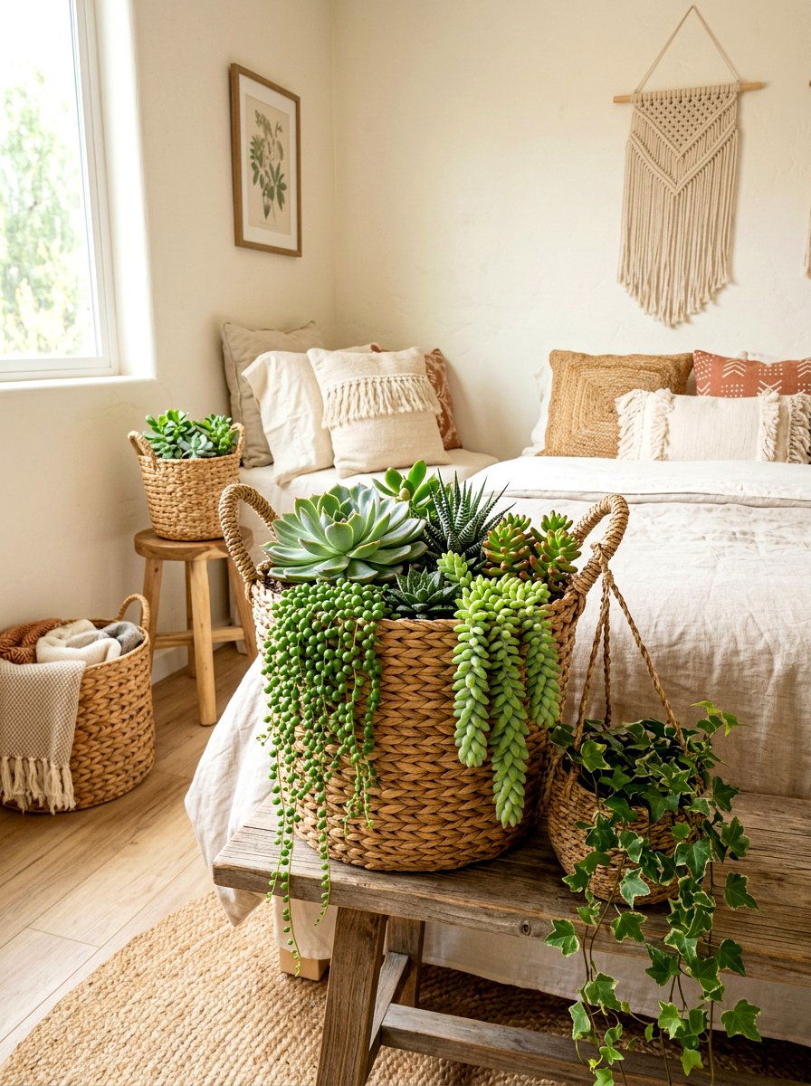 Boho Succulent Basket Display - 30 indoor succulent garden ideas