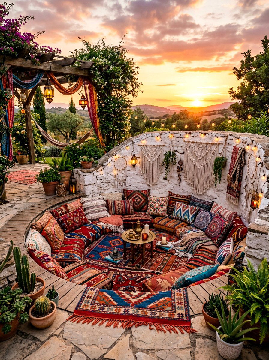 Boho Sunken Cushion Nook - 30 sunken backyard seating ideas