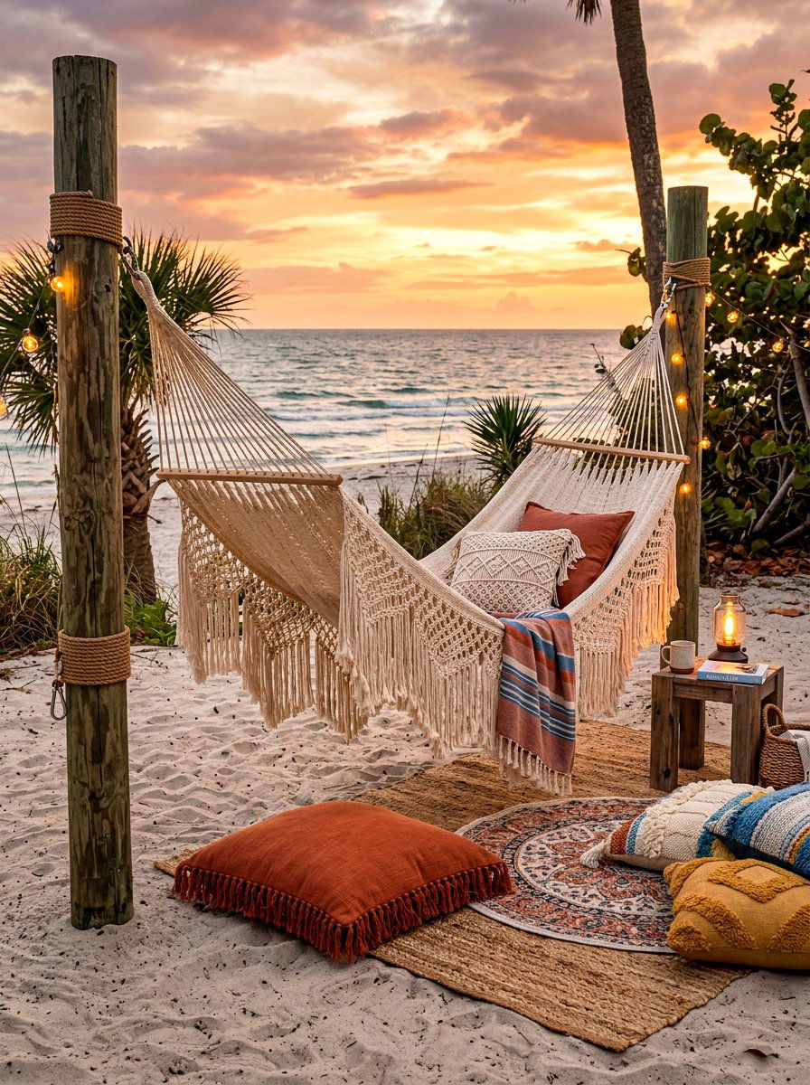 Boho Tassel Hammock Setup - 30 luxury sun lounger ideas