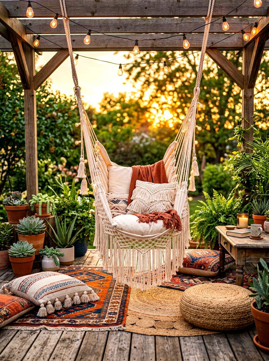 Boho Tassel Swing Deck - 30 hanging chair patio ideas