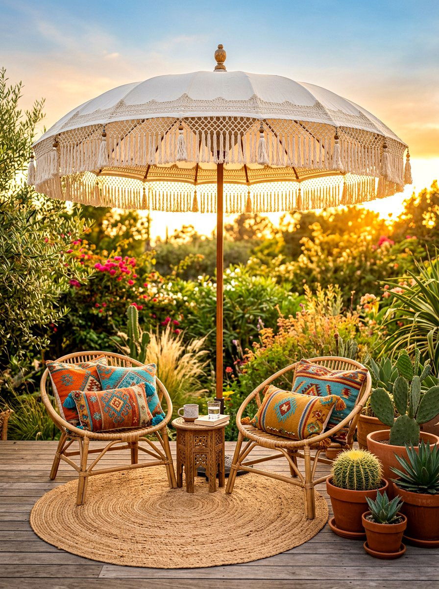 Boho Tassel Umbrella - 30 poolside umbrella lounge ideas