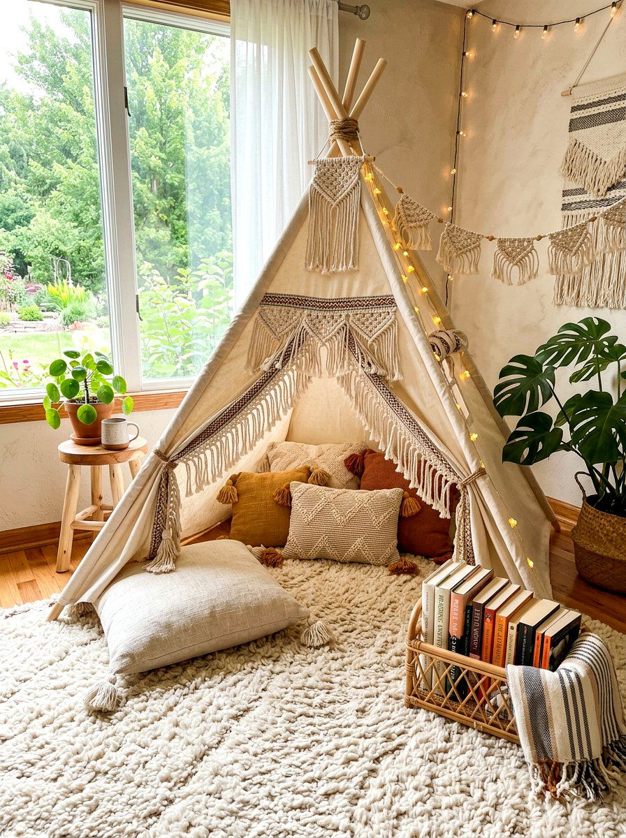 Boho Teepee Reading Corner - 30 kids tent reading nook ideas