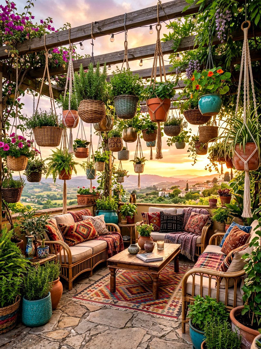 Boho Terrace Hanging Garden - 30 hanging herb garden ideas