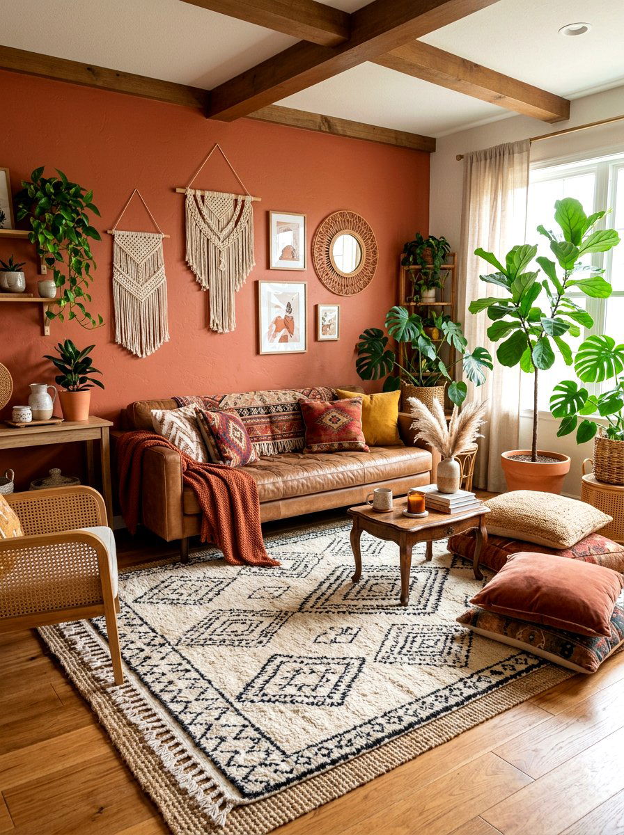 Boho Terracotta Living Space - 30 terracotta washed living room ideas