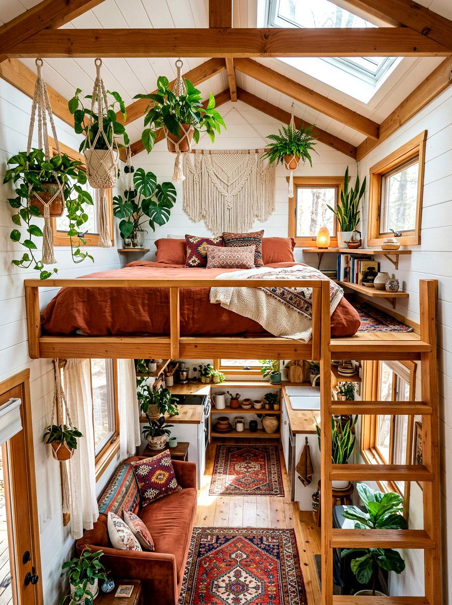 Boho Tiny House Loft - 30 tiny house loft bed ideas