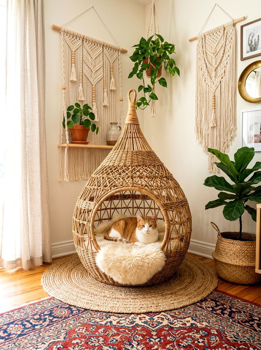 Boho Wicker Cat House - 30 pet nook living room ideas