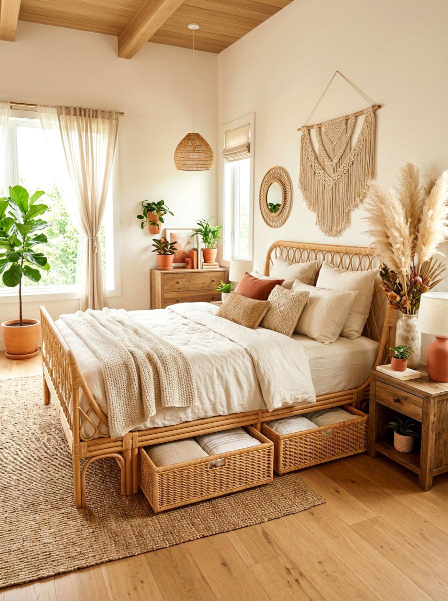 Boho Wicker Storage Bed - 30 storage bed apartment ideas