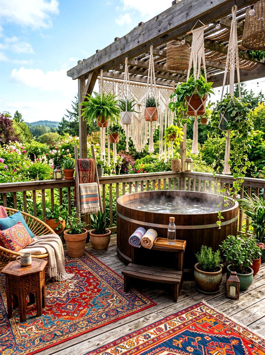 Boho Wood Patio - 30 hot tub patio decor ideas aesthetic