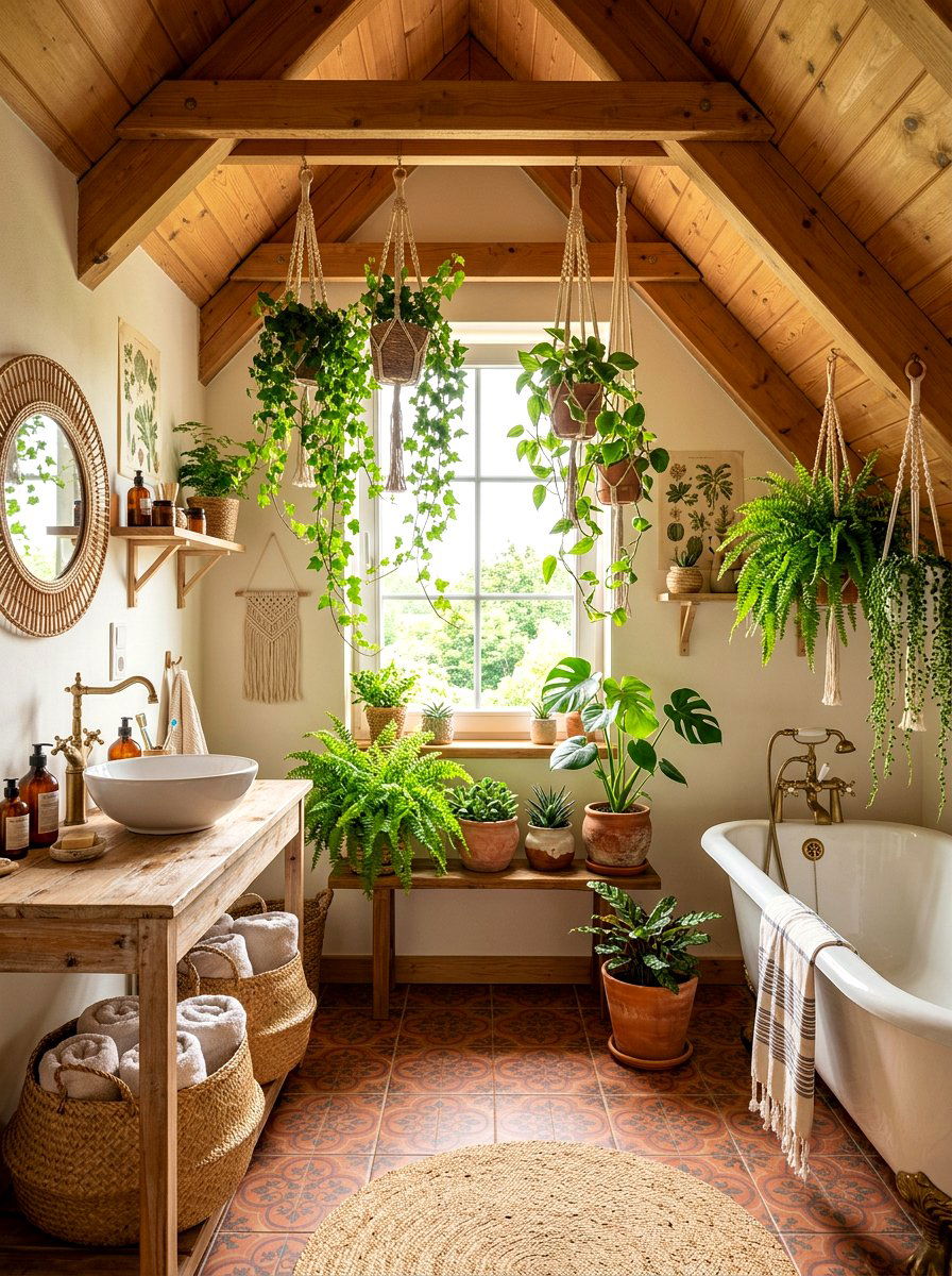 Boho attic bathroom with plants - 30 attic bathroom ideas