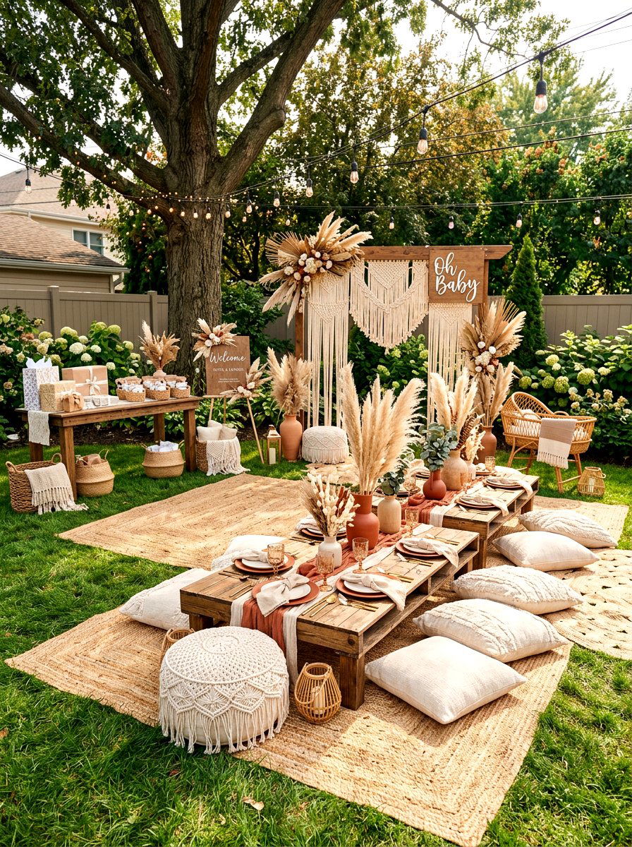 Boho backyard baby shower setup - 30 baby shower backyard decor ideas