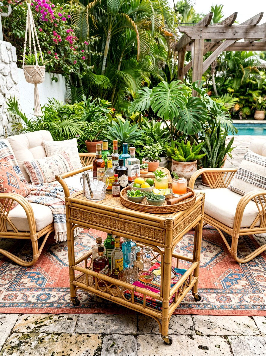 Boho bamboo drink trolley - 30 drink station patio ideas