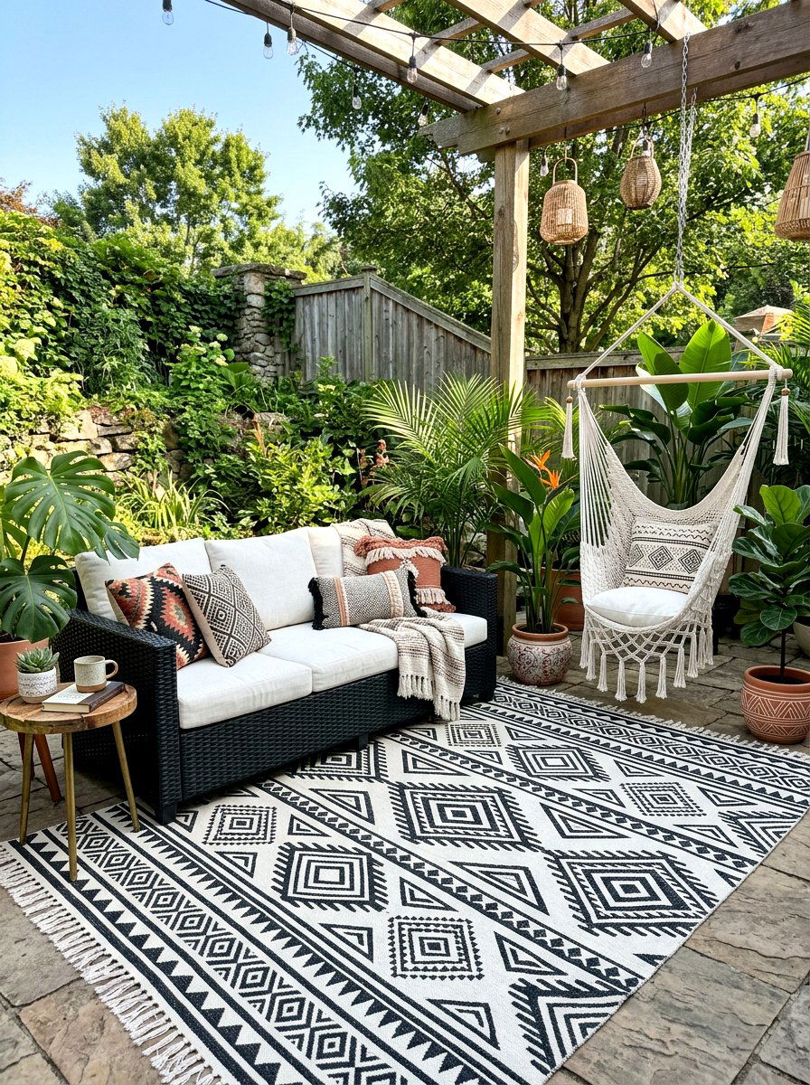 Boho black and white outdoor rug - 30 black and white patio ideas
