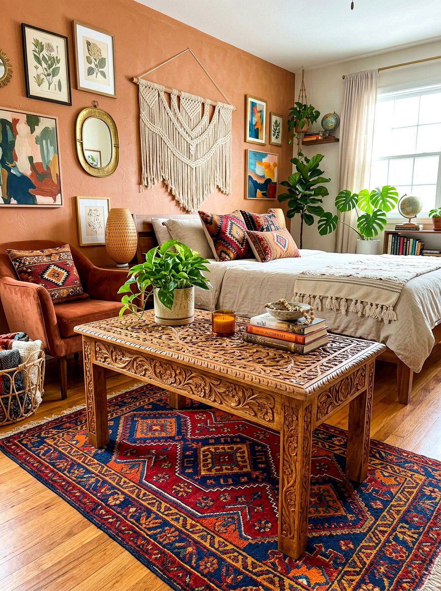 Boho carved wood table - 30 guest room nightstand ideas
