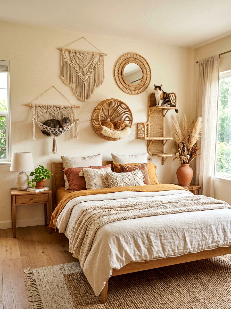 Boho cat wall lounge - 30 cat climbing wall ideas