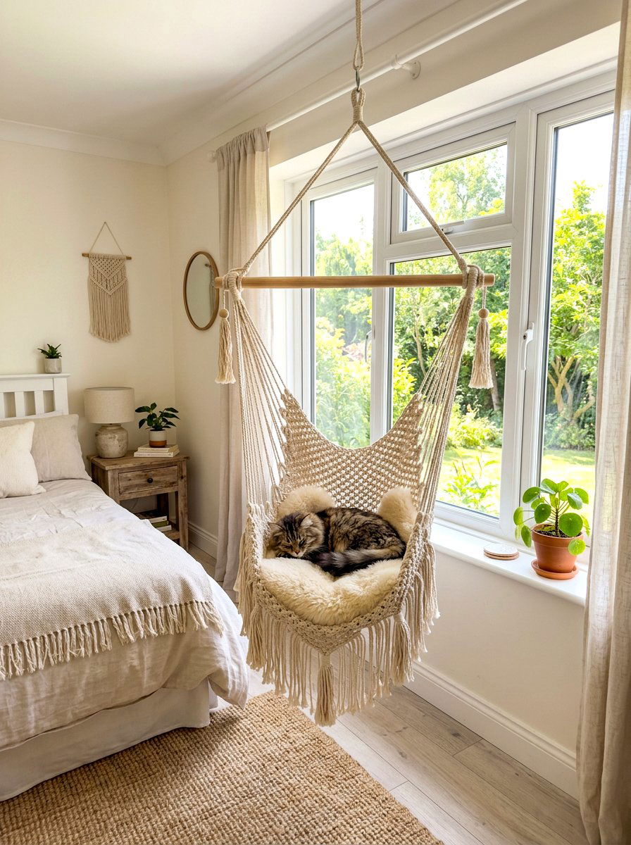 Boho cat window swing - 30 cat window perch ideas