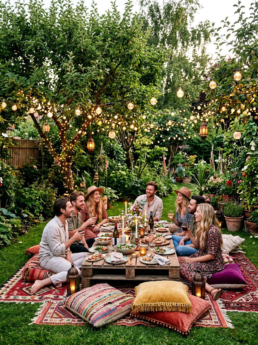 Boho chic backyard setup - 30 fall dinner party home ideas