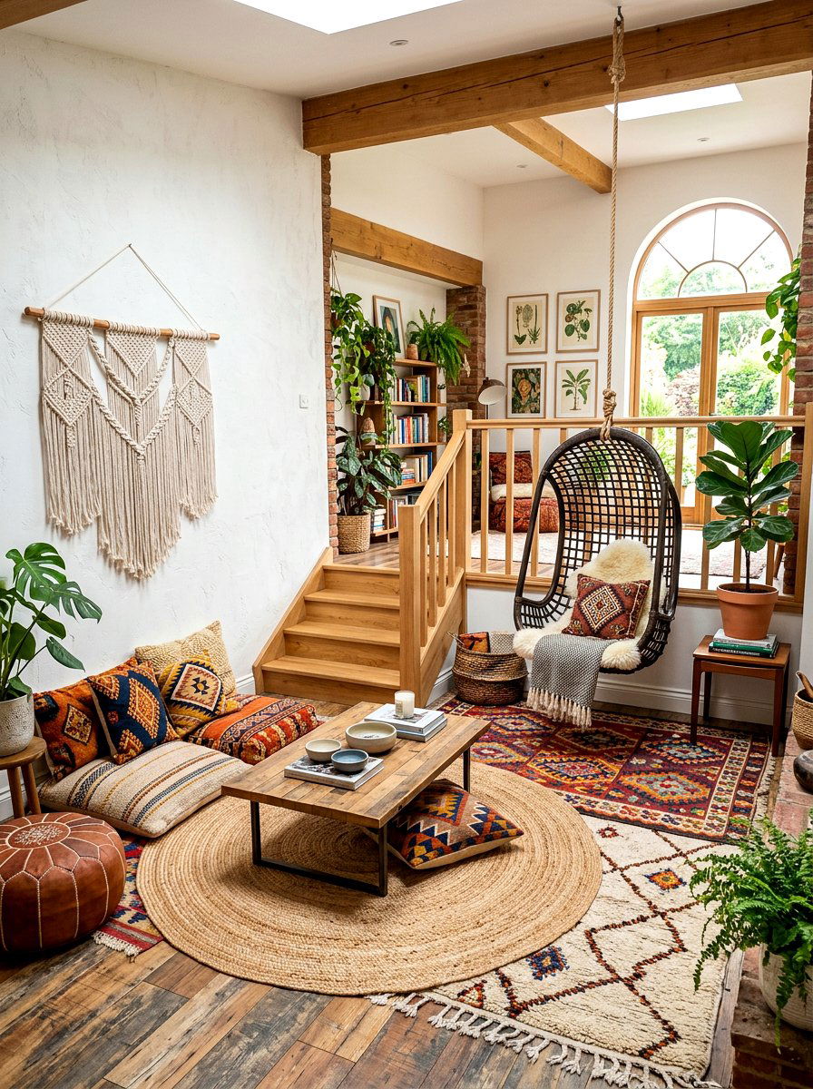Boho chic bi level living space - 30 split level living room ideas