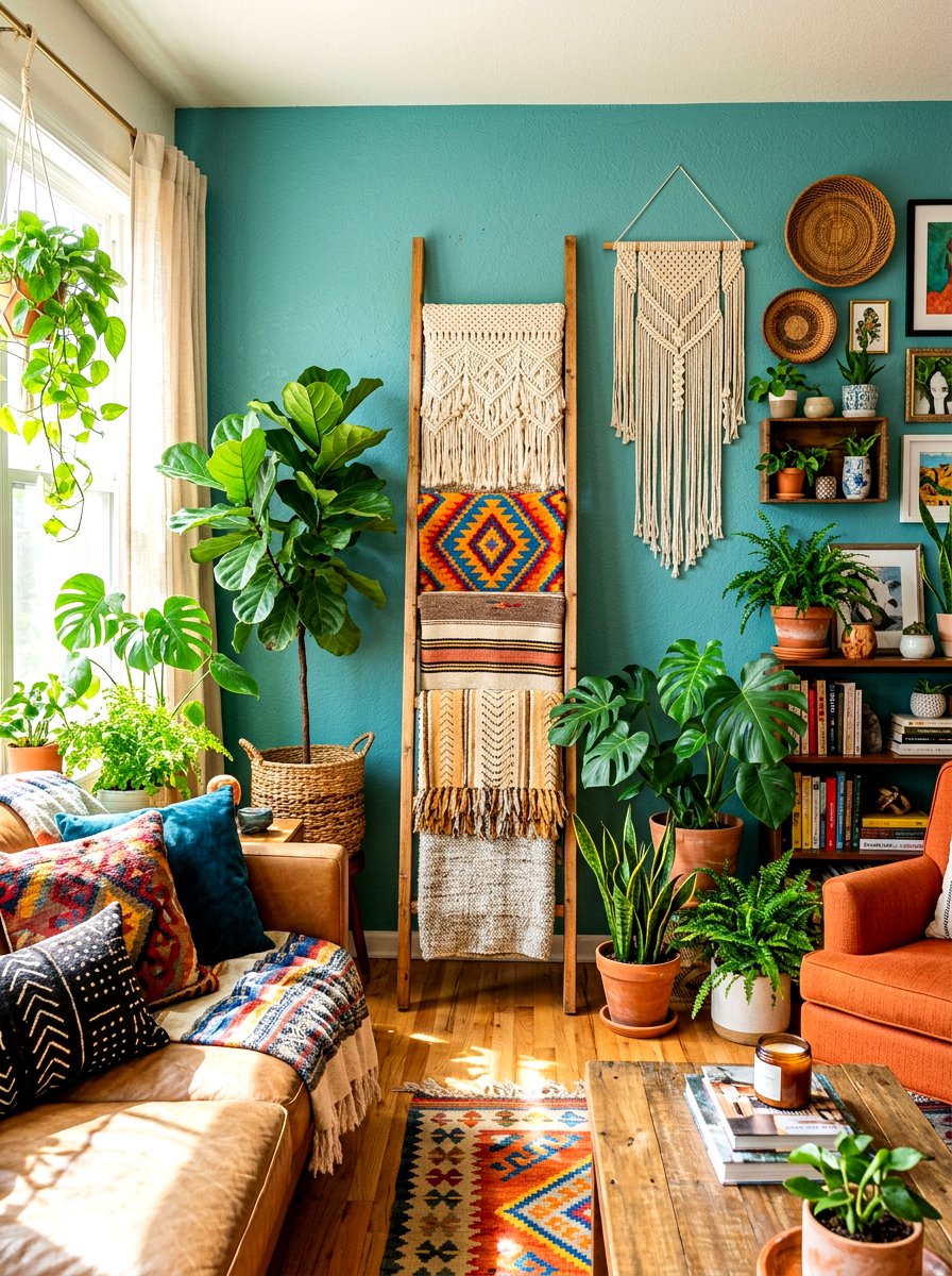 Boho chic blanket ladder - 30 corner ladder blanket ideas