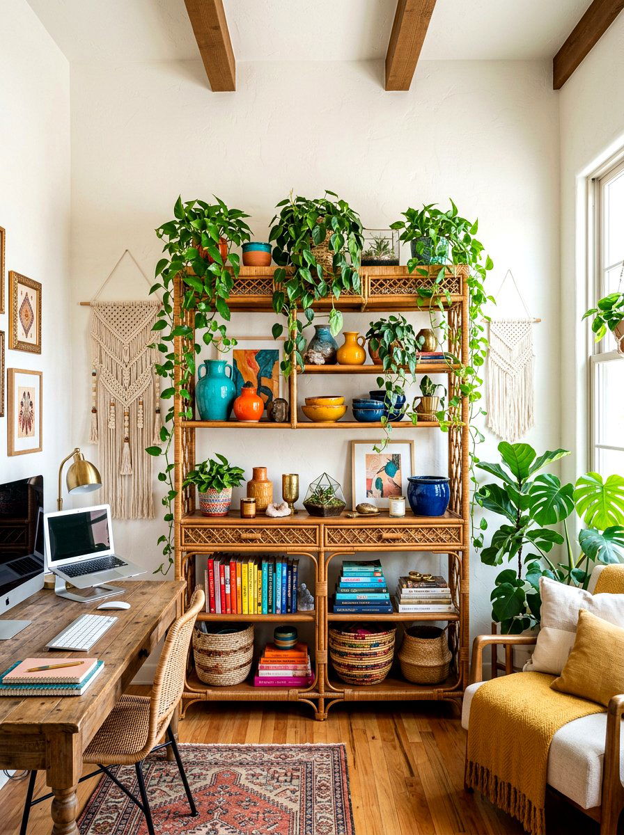 Boho chic office shelves - 30 home office shelf ideas