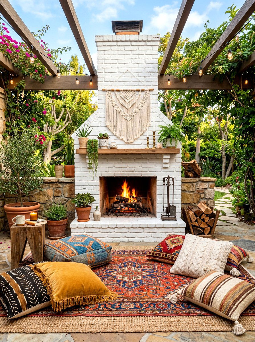 Boho chic patio fireplace - 30 patio fireplace lounge ideas