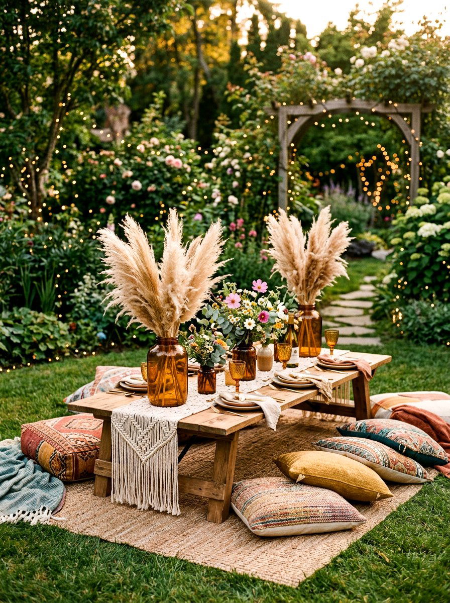 Boho chic picnic table - 30 dinner party table ideas aesthetic