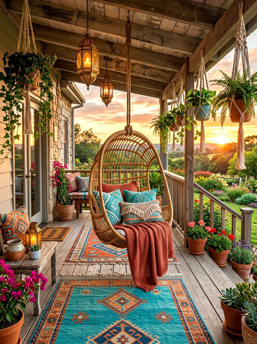 Boho chic porch - 30 seasonal front porch ideas