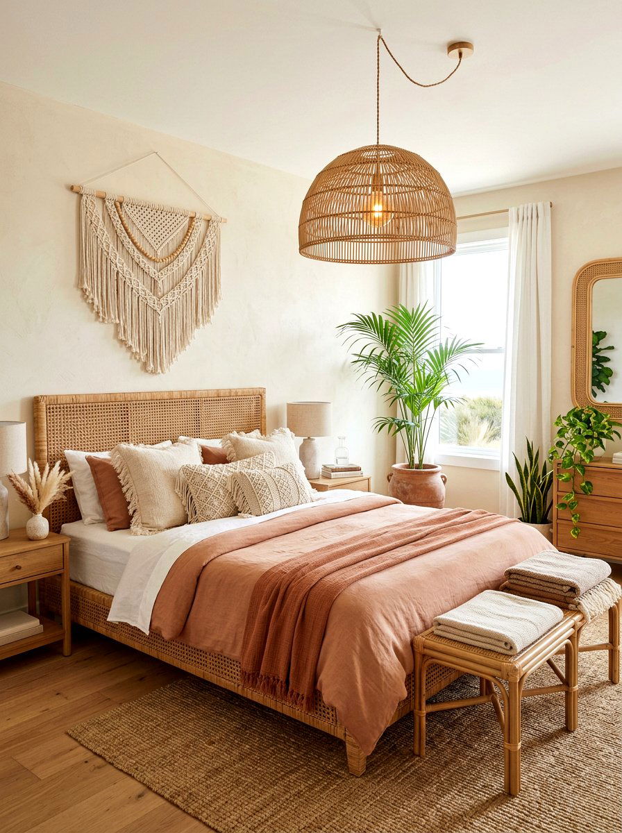 Boho coastal bedroom with rattan accents - 30 coastal bedroom ideas