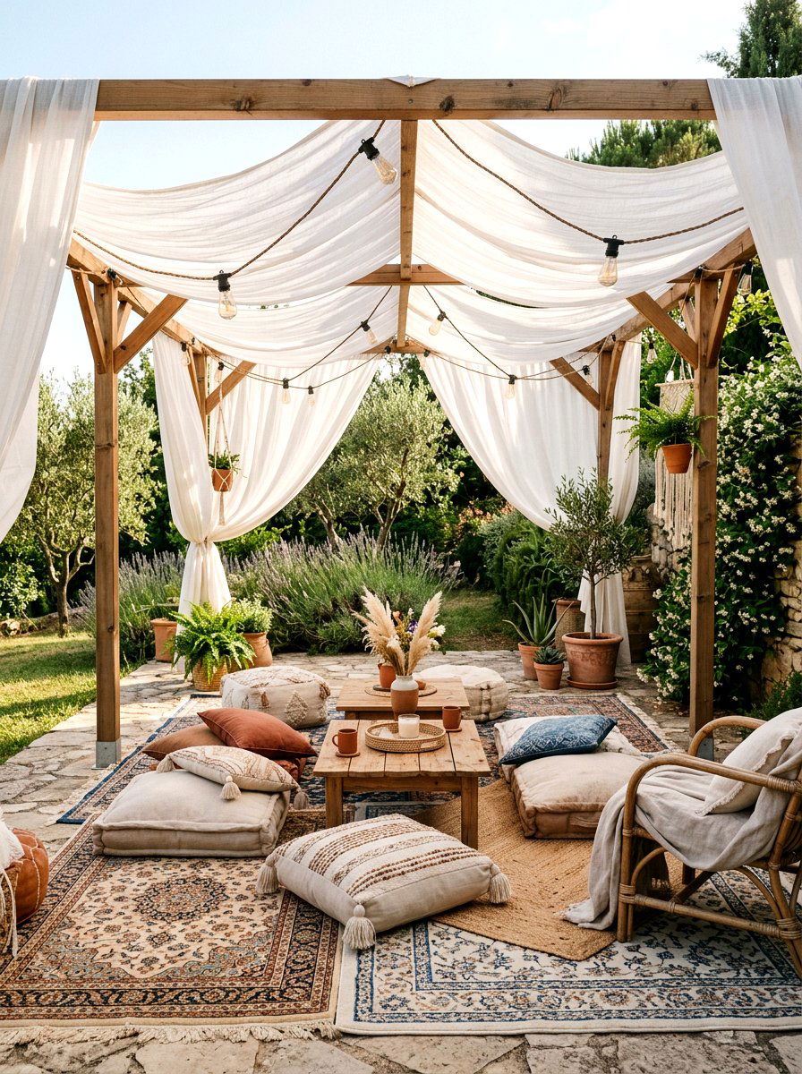 Boho fabric canopy drapes - 30 patio canopy ideas