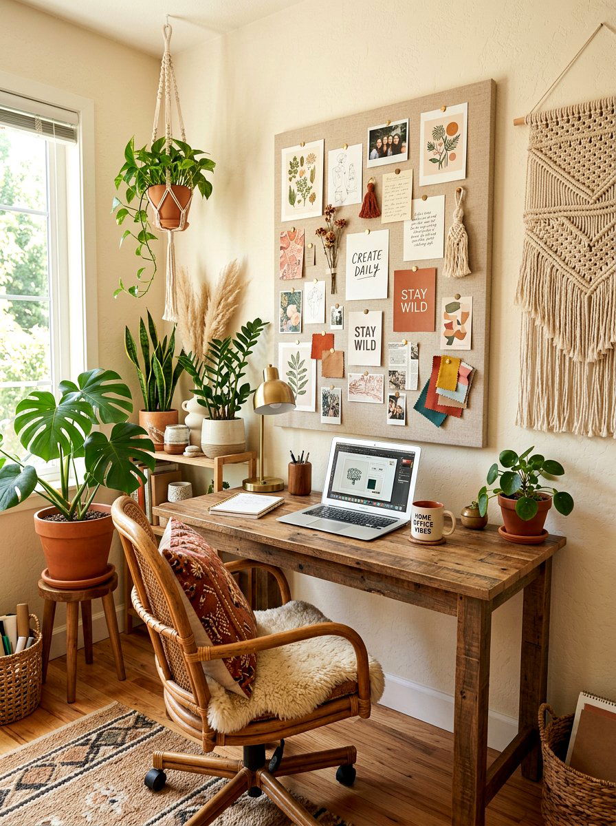 Boho fabric pinboard workspace - 30 pinboard office aesthetic ideas