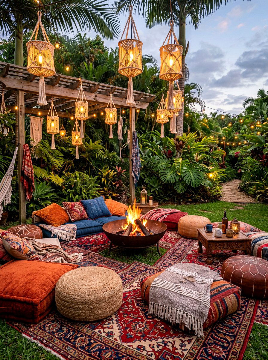 Boho fire pit lounge - 30 fire pit lounge ideas