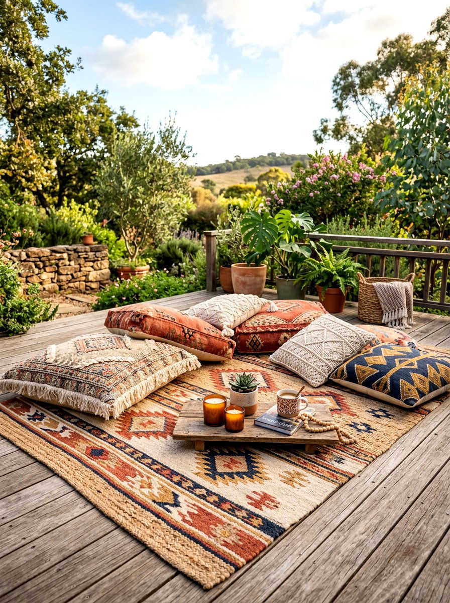 Boho floor cushions - 30 backyard seating ideas