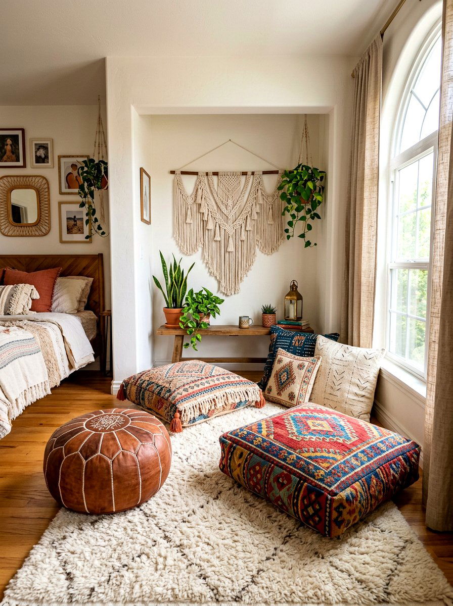 Boho floor cushions - 30 bedroom alcove seating ideas
