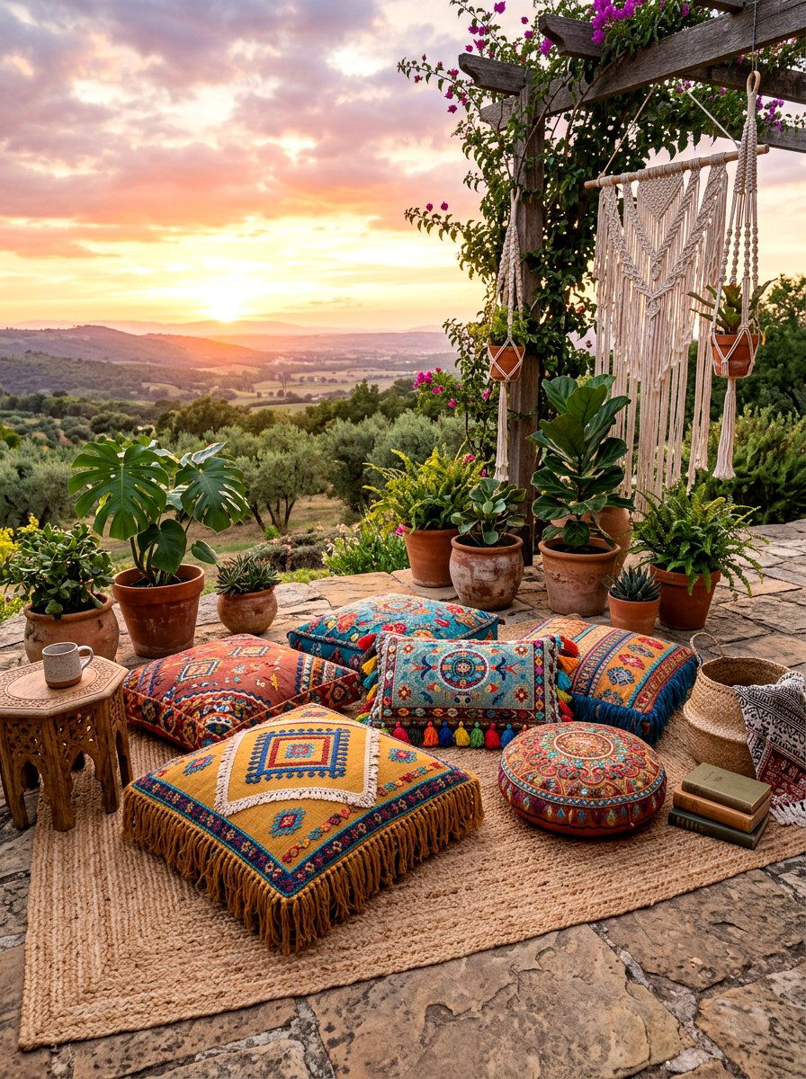 Boho floor cushions - 30 backyard picnic area ideas