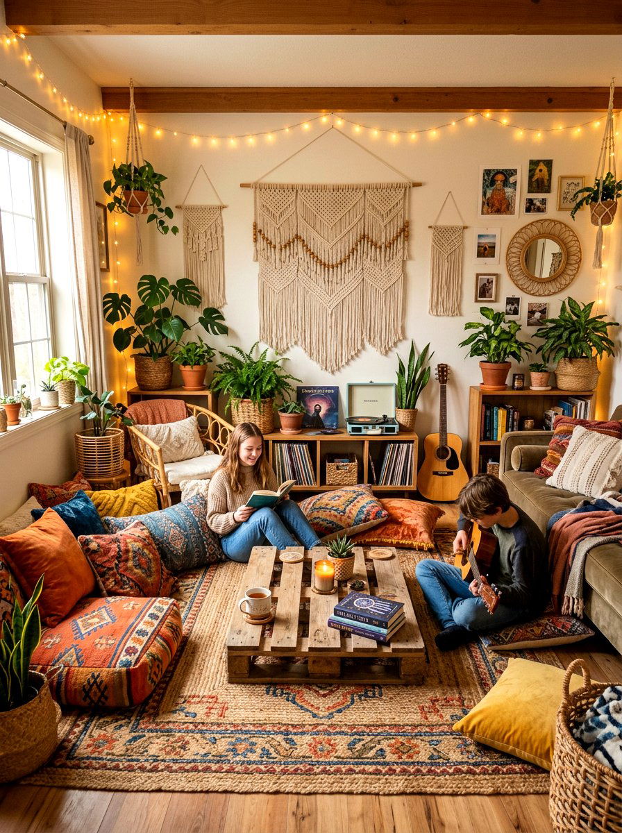 Boho floor pillow lounge - 30 teen hangout room ideas