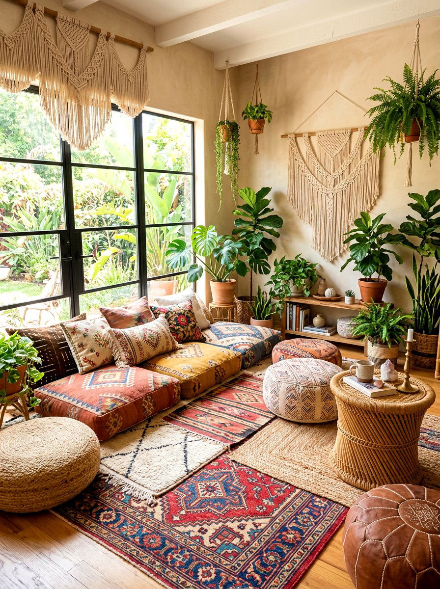 Boho floor seating - 30 book nook ideas