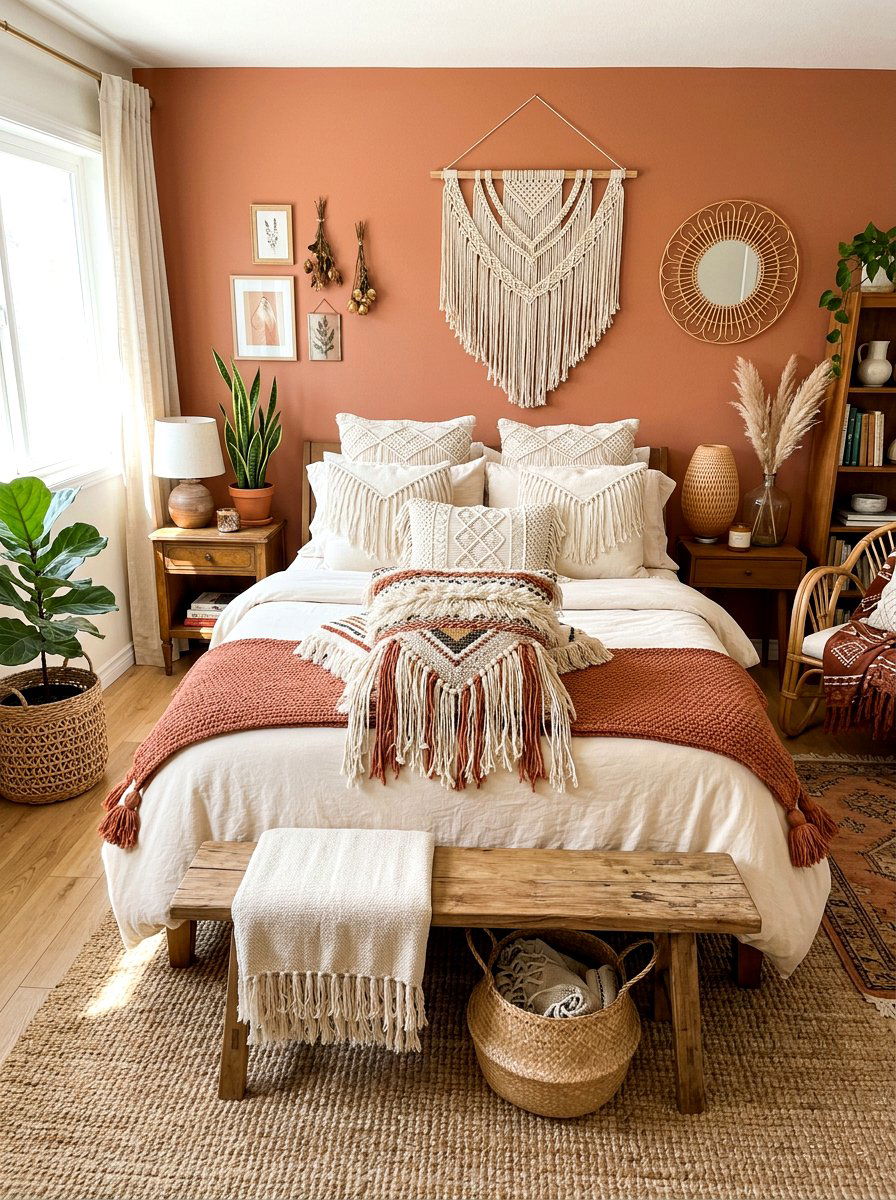 Boho fringe pillow - 30 pillowy bed styling ideas